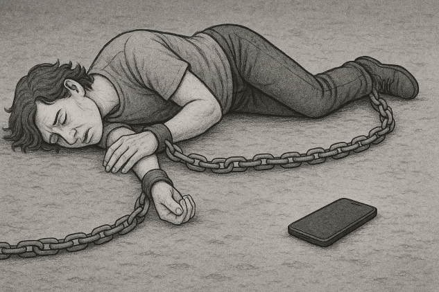 When Your Phone Becomes You: The Hidden Anxiety of Disconnection a person in chains, with their cell phone beyong reach.
